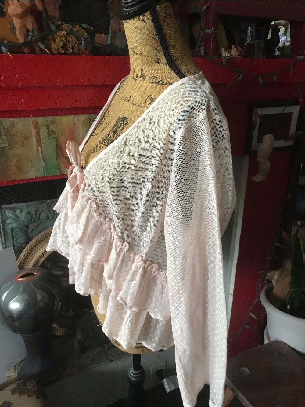 Heart’s Desire by Mary Grace Sheer Blush Pink Ruffled Tie-Front top - Picture 5 of 14